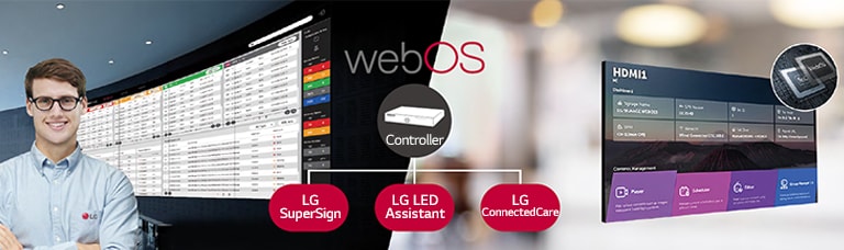 El empleado de LG supervisa a distancia la serie LWBC instalada en un lugar diferente mediante una solución de monitoreo de LG basada en la nube. El controlador del sistema con webOS permite que la serie LWBC sea compatible con las soluciones de software de LG.