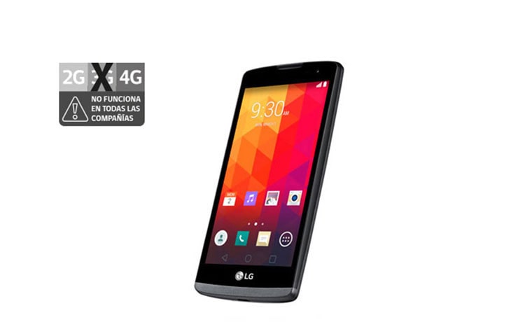 Vista frontal de LG Leon 4G LTE, Android 5.0 Lollipop, pantalla 4.5&#34; FWVGA (220 ppi) D y cámara de 5MP LG Leon LTE