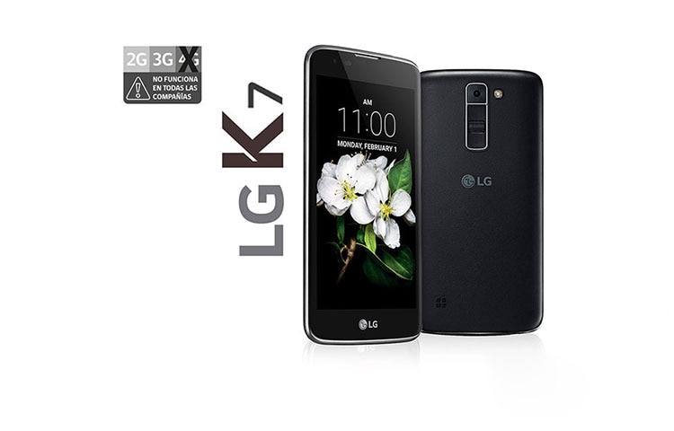 Vista frontal de LG K7 Smartphone con pantalla 5&#39;&#39; con tecnología IPS IN-CELL, con cámara 8MP, cristal curvo y diseño redondeado para un mejor agarre y un frontal de tacto más suave LG K7