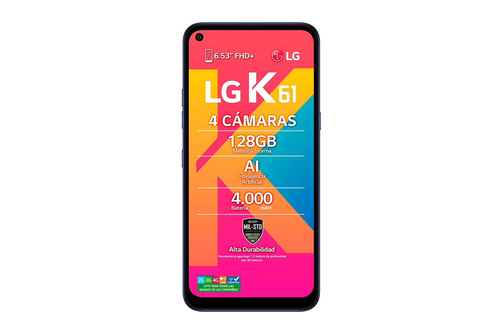 LG K61, Penta cámara (4 cámaras traseras y 1 frontal), Vista Frontal, LMQ630HA