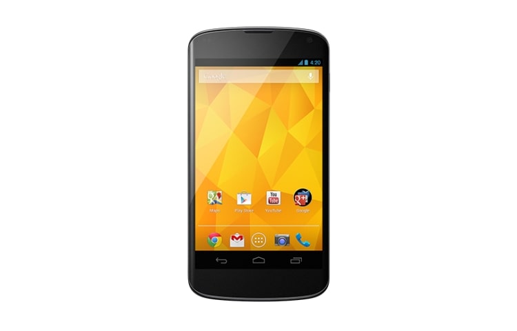 Vista frontal de Nuevo LG NEXUS 4, disfruta un nuevo diseño, la última versión de Android 4.2 Jelly Bean y las mejores funciones exclusivas E960