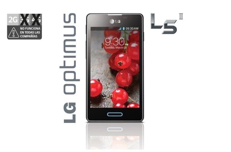 Vista frontal de Nuevo LG Optimus L5 II viene con una Pantalla más nítida y mayor autonomía de batería para disfrutar por más tiempo tus mejores momentos. E450