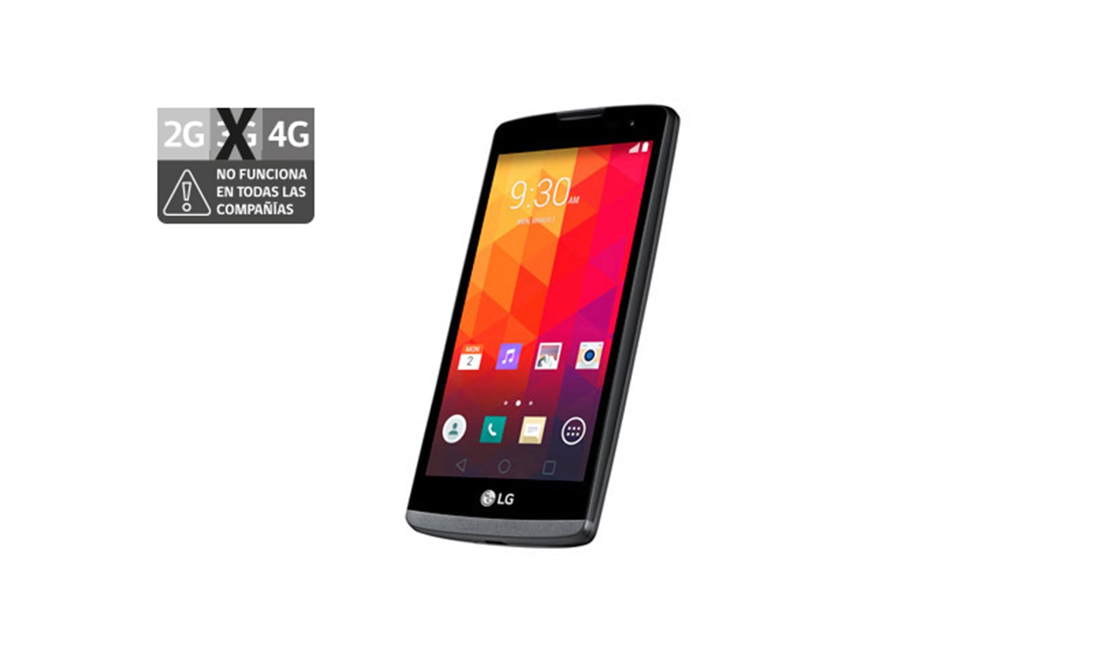 Vista frontal de LG Leon 4G LTE, Android 5.0 Lollipop, pantalla 4.5&#34; FWVGA (220 ppi) D y cámara de 5MP LG Leon LTE