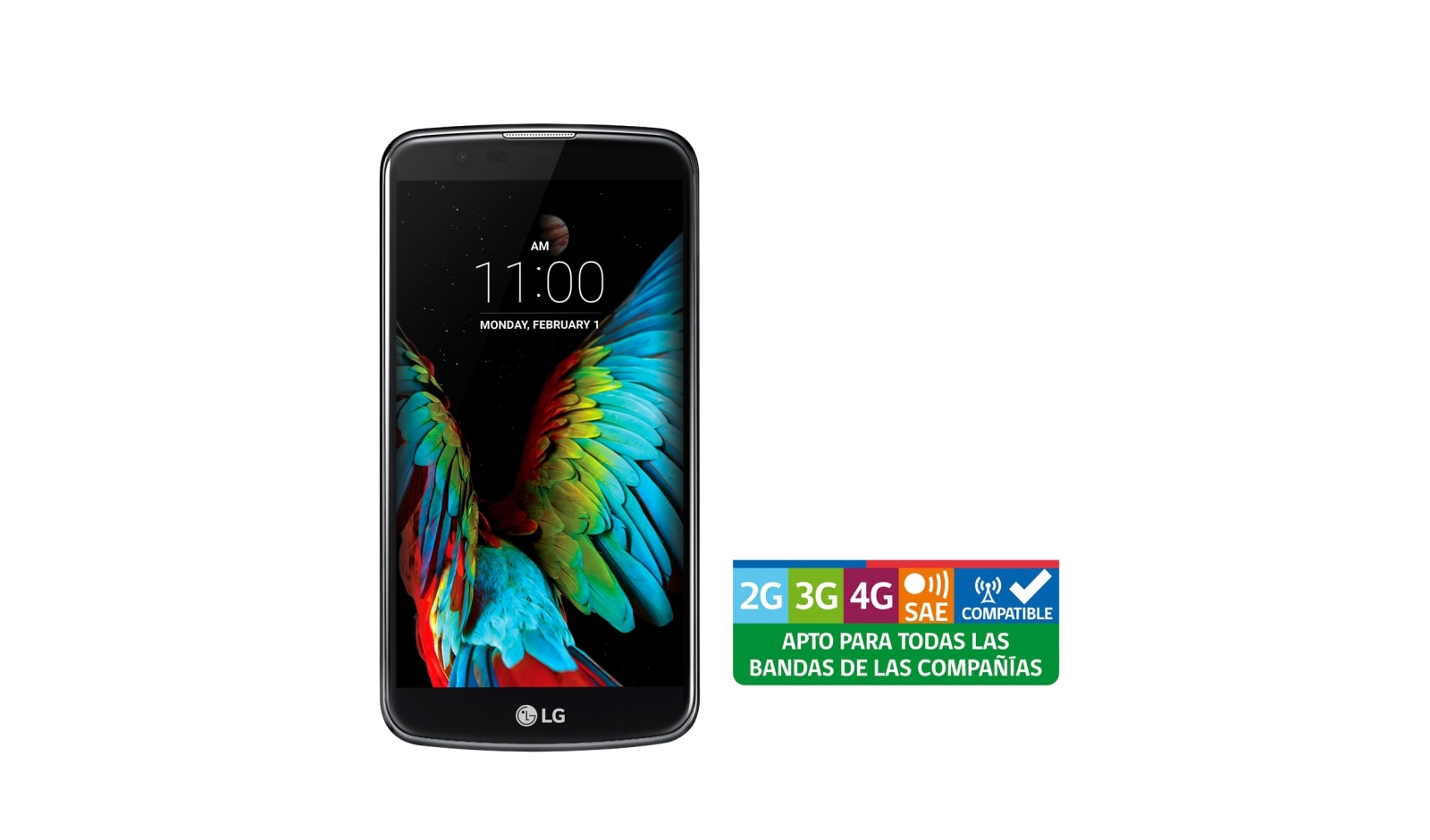 Vista frontal de LG K10 con pantalla HD 5,3&#39;&#39; con tecnología IPS LCD, con cámara 13MP, cristal curvo y diseño redondeado LG K10