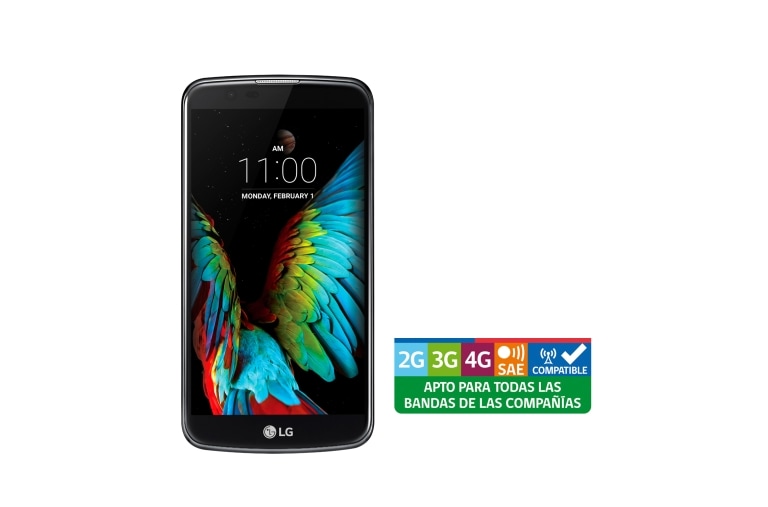 Vista frontal de LG K10 con pantalla HD 5,3&#39;&#39; con tecnología IPS LCD, con cámara 13MP, cristal curvo y diseño redondeado LG K10