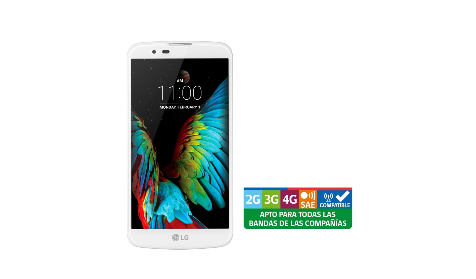 Vista frontal de LG K10 con pantalla HD 5,3&#39;&#39; con tecnología IPS LCD, con cámara 13MP, cristal curvo y diseño redondeado LG K10 Blanco