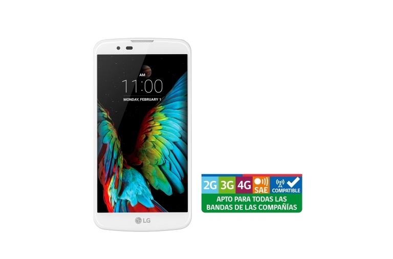Vista frontal de LG K10 con pantalla HD 5,3&#39;&#39; con tecnología IPS LCD, con cámara 13MP, cristal curvo y diseño redondeado LG K10 Blanco
