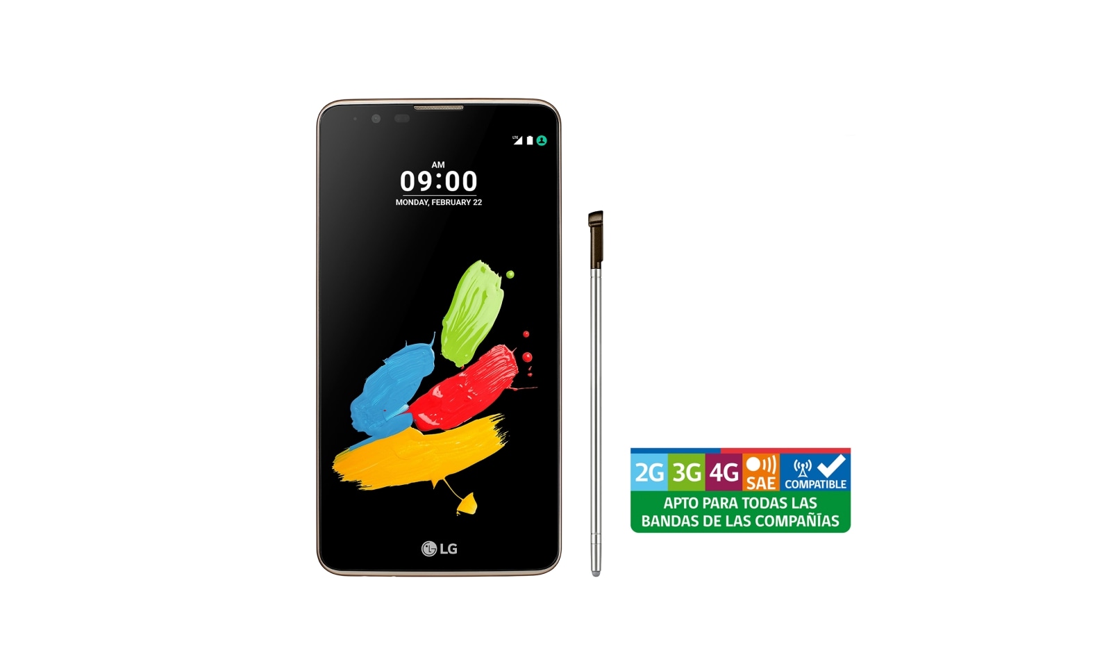 Vista frontal de LG Stylus 2 Plus Gold con pantalla 5,7&#39;&#39; y cámara principal de 16MP LG Stylus 2 Plus (Gold)