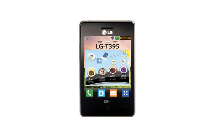 Vista frontal de Ahora LG trae a Chile el nuevo LG T395 que cuenta con la tecnología táctil más avanzada y todas las características encontradas en los celulares más actuales del mercado con la gran diferencia de que se ofrecerá a un precio realmente atractivo. Nuevo T395 sigue la tendencia de los mejores touch Optimus T395