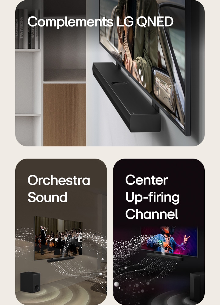 Barra de sonido LG y televisor LG QNED contra la pared con el soporte a juego QNED en un espacio habitable gris y de madera en perspectiva en ángulo, que muestra a un hombre tocando una guitarra frente al océano. LG Soundbar y LG TV en una sala de estar tocando una actuación de orquesta. Ondas blancas de gotas que representan ondas sonoras se disparan hacia arriba y hacia adelante desde la barra de sonido y se proyectan desde el televisor, mientras el subwoofer crea un efecto de sonido desde abajo. LG Soundbar y LG TV en una habitación negra interpretando una actuación musical. Gotas blancas que representan ondas sonoras se disparan hacia arriba y hacia adelante desde la barra de sonido, mientras el subwoofer crea un efecto de sonido desde abajo.