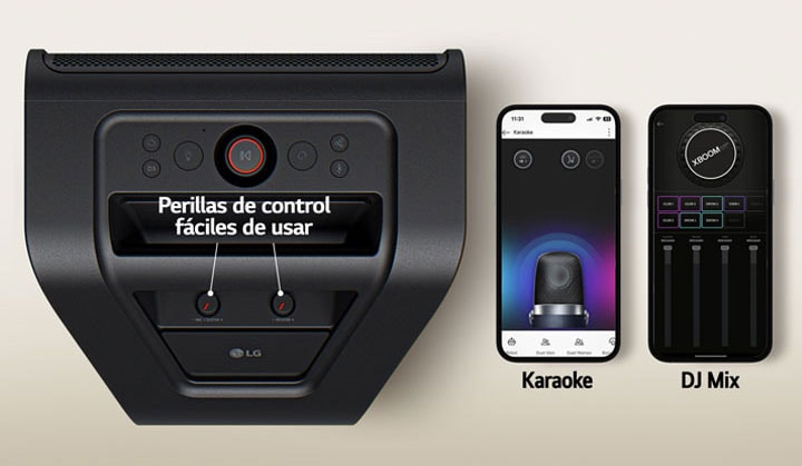 A la izquierda, vista superior del xboom Stage 301 con perillas y botones. A la derecha, dos teléfonos muestran la app xboom.