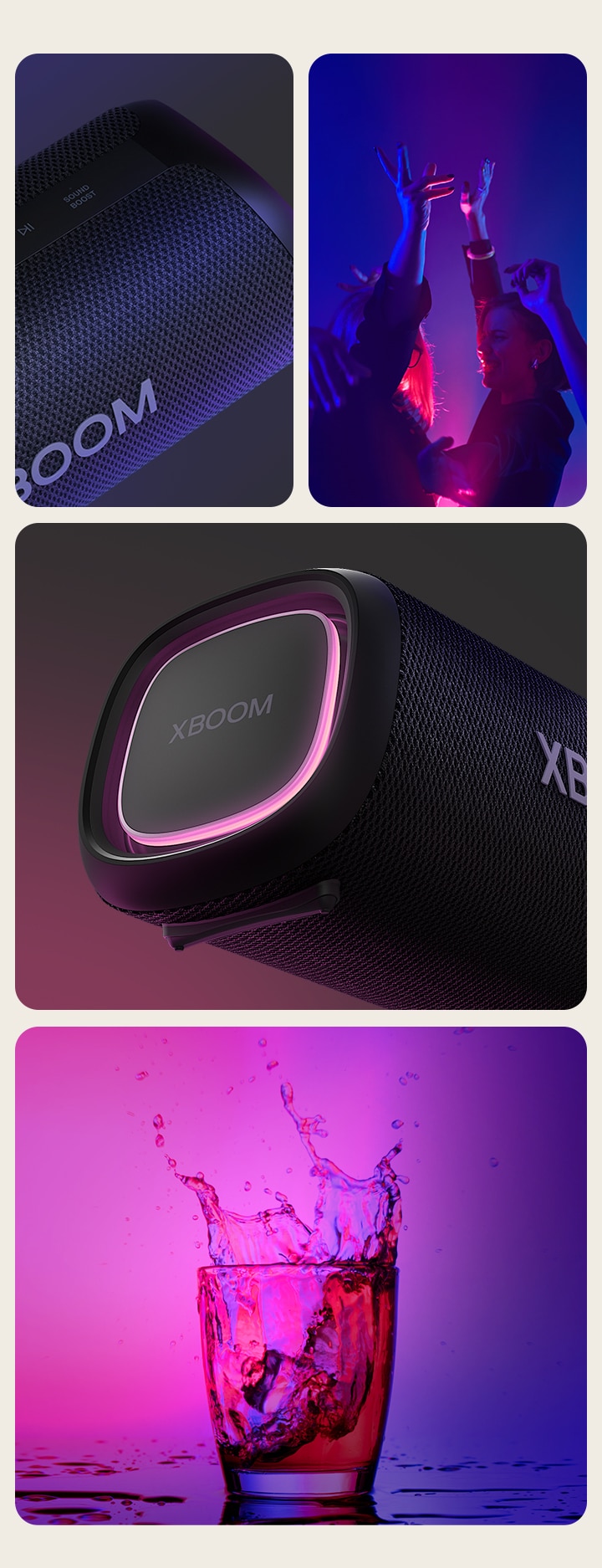 Universidad. Desde la izquierda, vista de cerca del LG XBOOM Go XG7. A continuación, una imagen de personas disfrutando de la música. A la derecha, de arriba abajo: primer plano del altavoz con iluminación rosa y dos vasos de bebida.