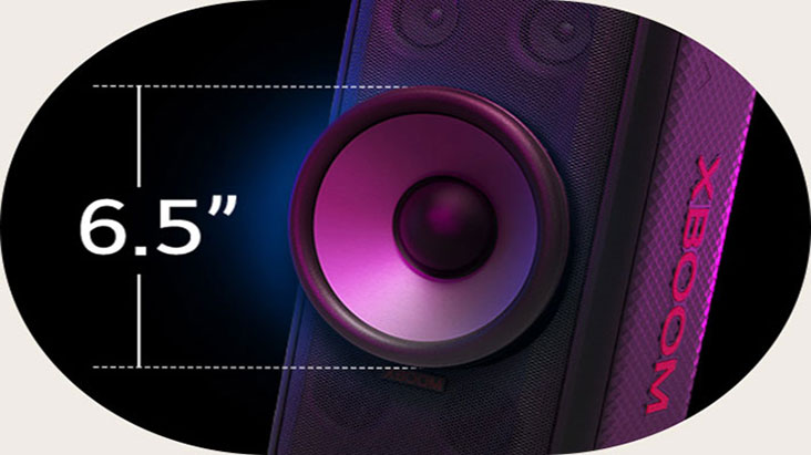 6,5 inçlik dev woofer'ın yakından görünümü. Solda 6,5" yazar, hoparlörün üstünde ses ekolayzeri gösterilir.