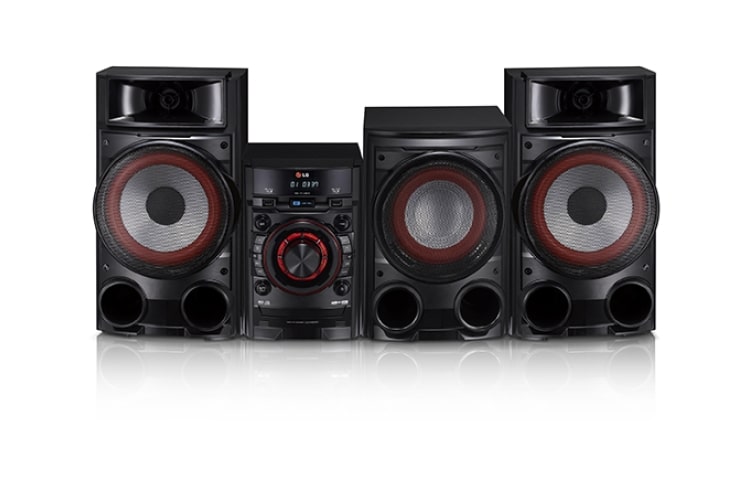 Vista frontal de Minicomponente LG XBOOM con 700W RMS de Potencia, 2.1 canales. Doble puerto USB.\t CM4730