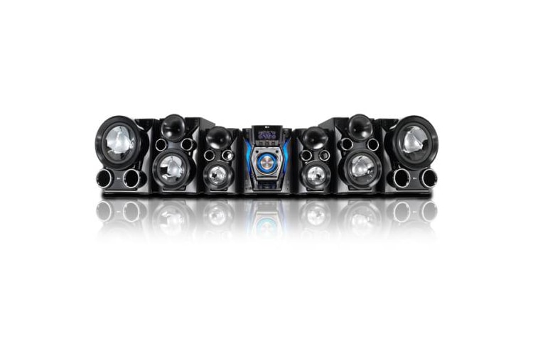 Vista frontal de Minicomponente de 1.380 W potencia con iPod Docking (recarga), Reproducción MP3, USB, Ecualización Auto, Regueton, Merengue &amp; Cumbia, Función Auto DJ y Latin Beat Box. MCV1306