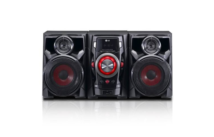 Vista frontal de Minicomponente de 130W potencia con Reproducción MP3, USB, Parlantes XDSS Bass Booster inclinados, Función Auto DJ RAD136