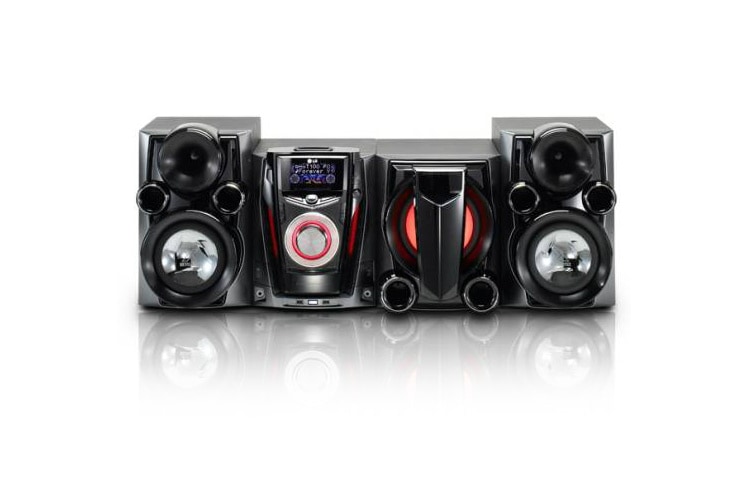 Vista frontal de Minicomponente (2.1) de 600W potencia con Reproducción MP3, USB, Parlantes XDSS Bass Booster inclinados, Función Auto DJ. RCT606