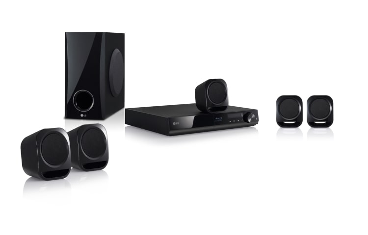 Vista frontal de Blu-Ray Home Theater 2D de 330 W potencia. Con parlantes satélitales BH4120S
