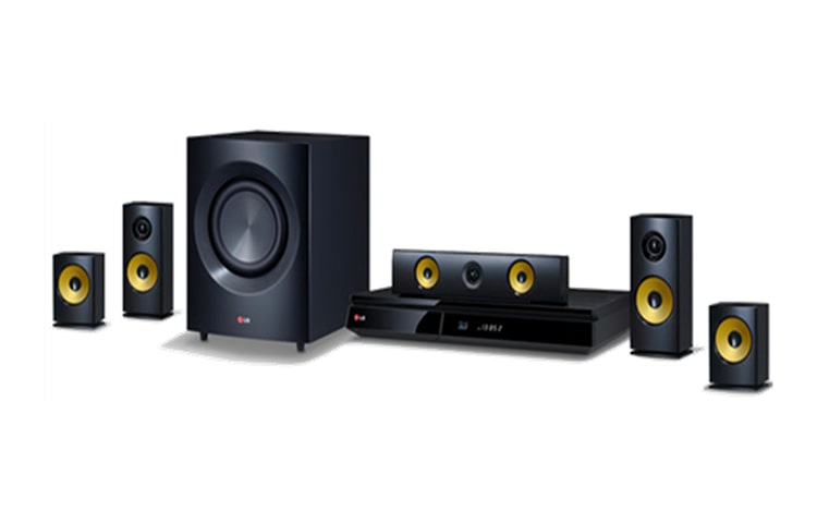 Vista frontal de BluRay Home Theater con 1200W RMS y 5.1 canales. Reproduce contenido en 3D. BH7230B