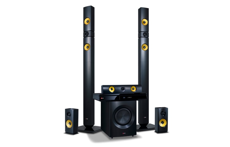 Vista frontal de Home Theater BluRay 3D. Sonido con alta potencia y definición gracias a sus parlantes que incorporan Aramid Fiber, material especializado para entregar audio de calidad. BH7430P