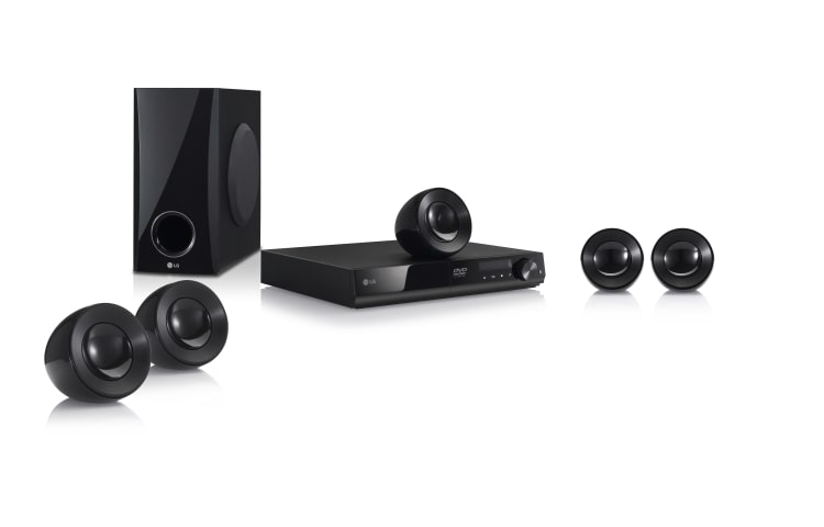 Vista frontal de Cine en casa con 330W de potencia. Los parlantes tipo parábola permite que la música alcanza rangos más amplios. DH4220S