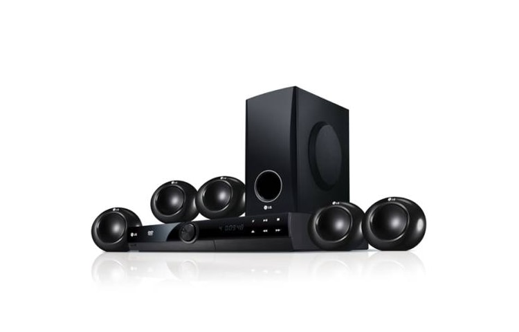 Vista frontal de DVD Home Theater de 330W potencia con parlantes satelitales, HDMI, Grabación directa a USB HT306SU