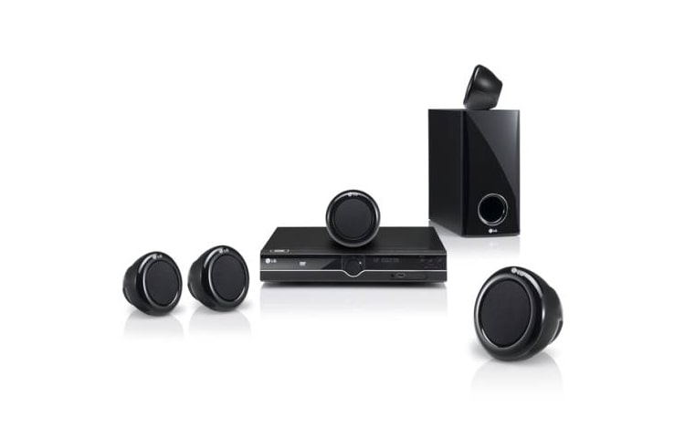Vista frontal de DVD Home Theater de 300W potencia con parlantes satelitales, Grabación directa a USB, puerto para aparatos portátiles HT356SD