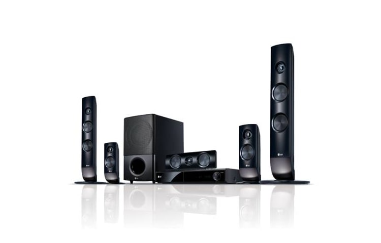Vista frontal de DVD Home Theater de 1.000W potencia con parlantes en estilo de los Moais, HD 1080p (upscaling), HDMI, Divx, USB Direct Recording HT806PM