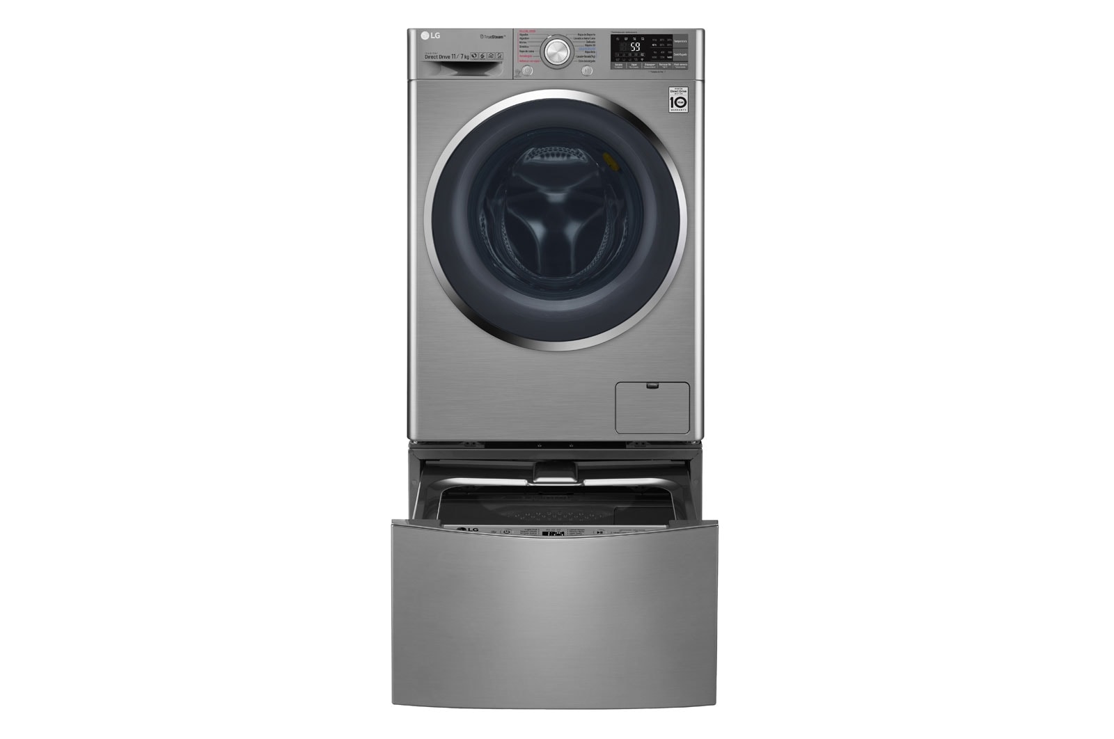 Vista frontal de LG TWINWash™ Lavadora (11Kg) Secadora (7Kg) con Motor Inverter Direct Drive y Mini Lavadora (2Kg) con Motor Slim Inverter Direct Drive WD11DBS6DTW