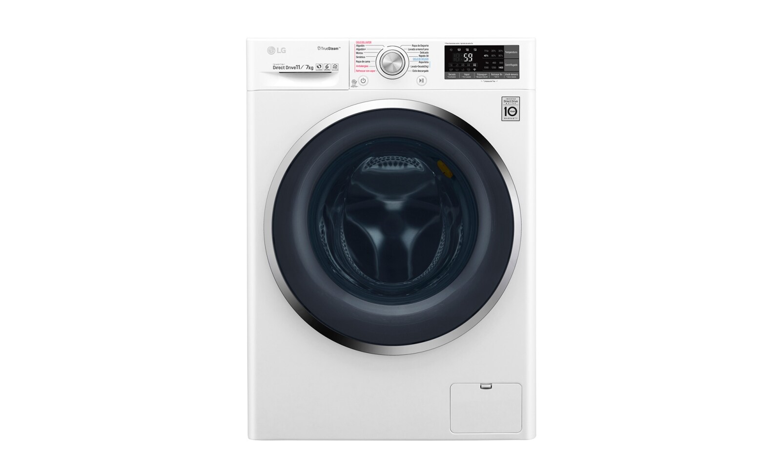 Vista frontal de Lavadora – Secadora Carga Frontal con Motor Inverter Direct Drive y Capacidad Total de 11 kilos de lavado y 7 kilos de secado. WD11WBS6