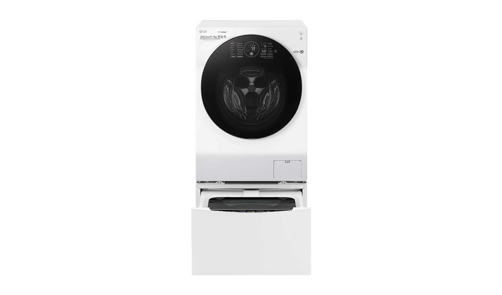 Vista frontal de LG TWINWash™ Lavadora (11Kg) Secadora (7Kg) con Motor Inverter Direct Drive  y Mini Lavadora (2Kg) con Motor Slim Inverter Direct Drive WD11WDS6TW