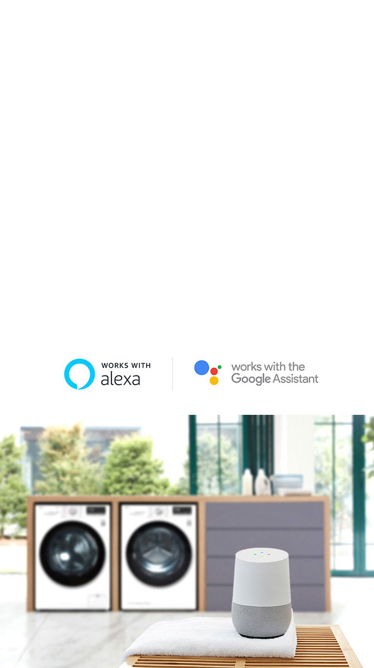 Imagen de 2 lavadoras y alexa, representando el lavado inteligente mediante la tecnología ThinQ.