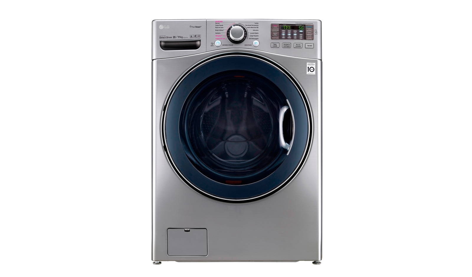 Vista frontal de Lavadora – Secadora Carga Frontal con Motor Inverter Direct Drive y Capacidad Total de 20 kilos de lavado y 11 kilos de secado. WD20VVS6