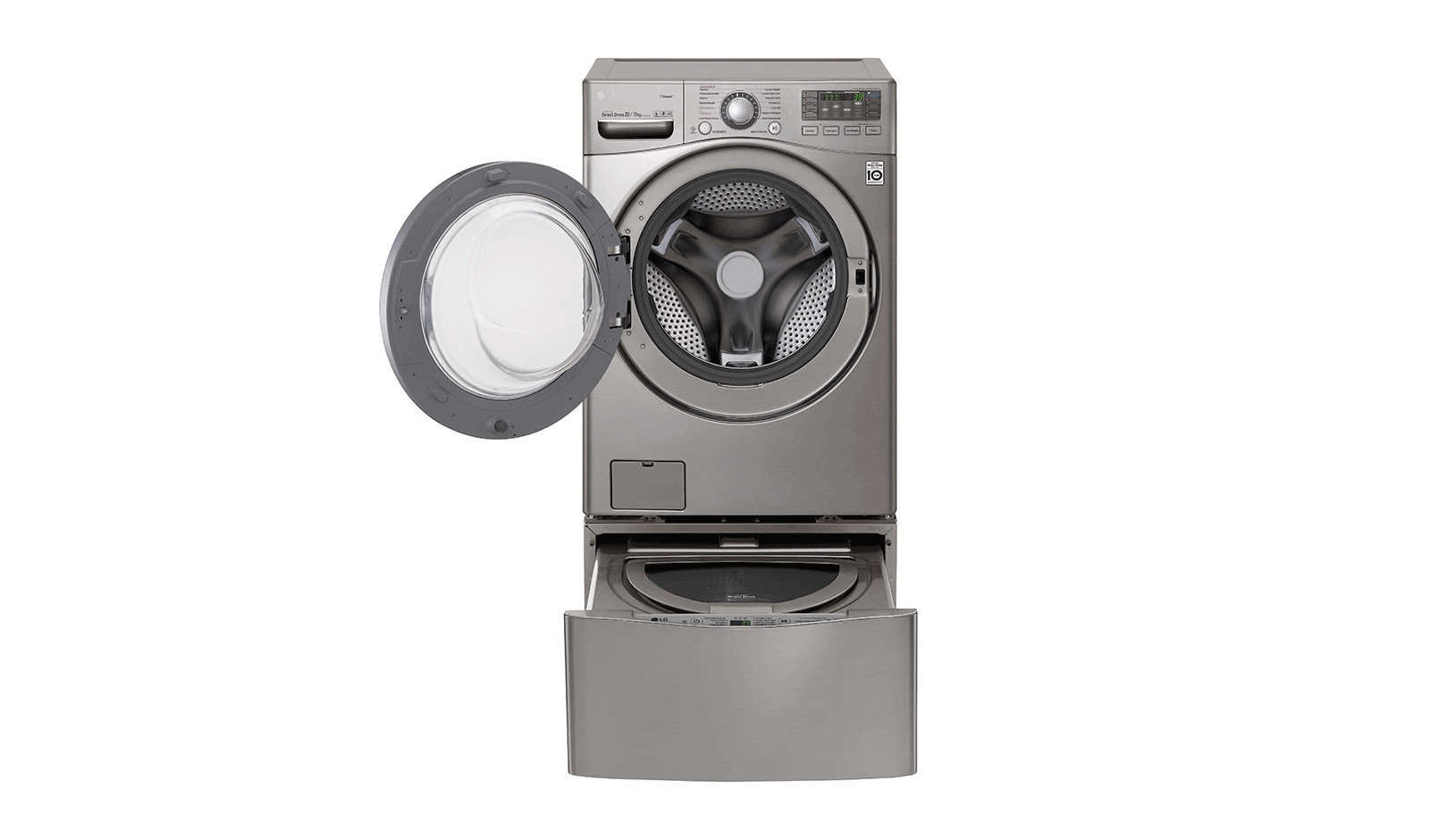 Vista frontal de LG TWINWash™ Lavadora (20Kg) Secadora (11Kg) con motor Inverter Direct Drive y Mini lavadora (3,5Kg) motor Slim Inverter Direct Drive WD20VVS6TW