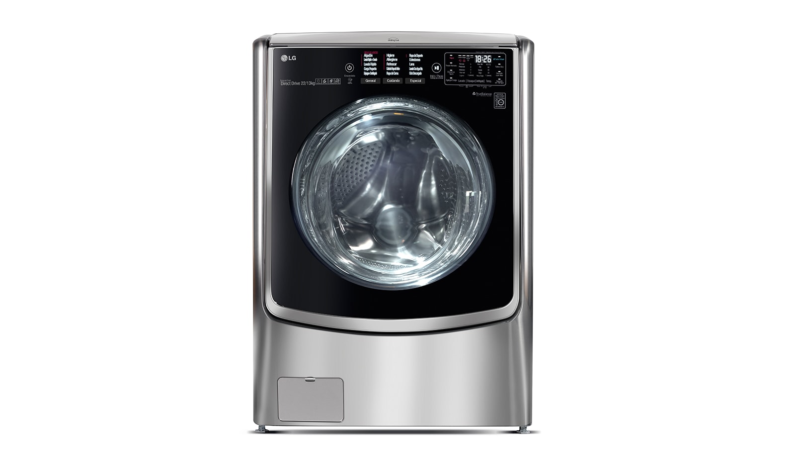 Vista frontal de Lavadora-Secadora LG Carga Frontal con capacidad de 22 KG de lavado y 13 KG de Secado con Tecnología Steam, TurboWash y ThinQ  WD22VTS6
