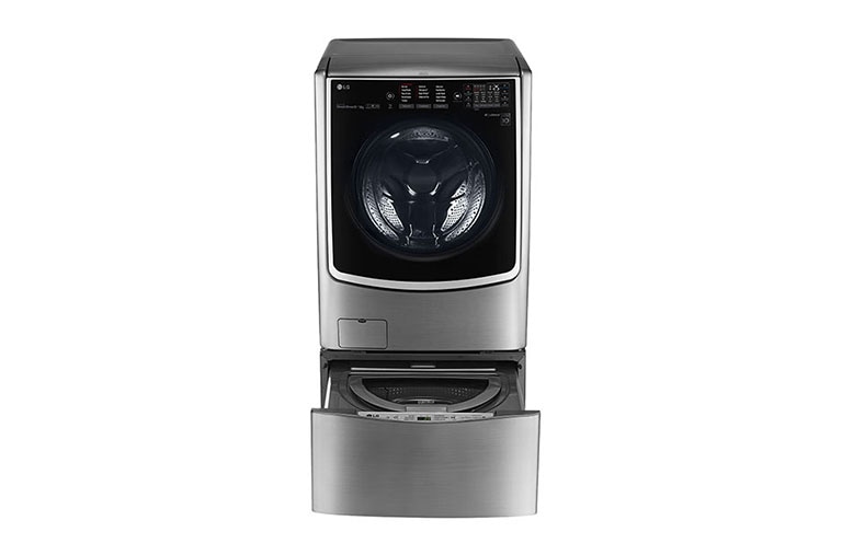 Vista frontal de LG TWINWash™ Lavadora (22Kg) Secadora (13Kg) con motor Inverter Direct Drive y Mini lavadora (3,5Kg) motor Slim Inverter Direct Drive WD22VTS6TW
