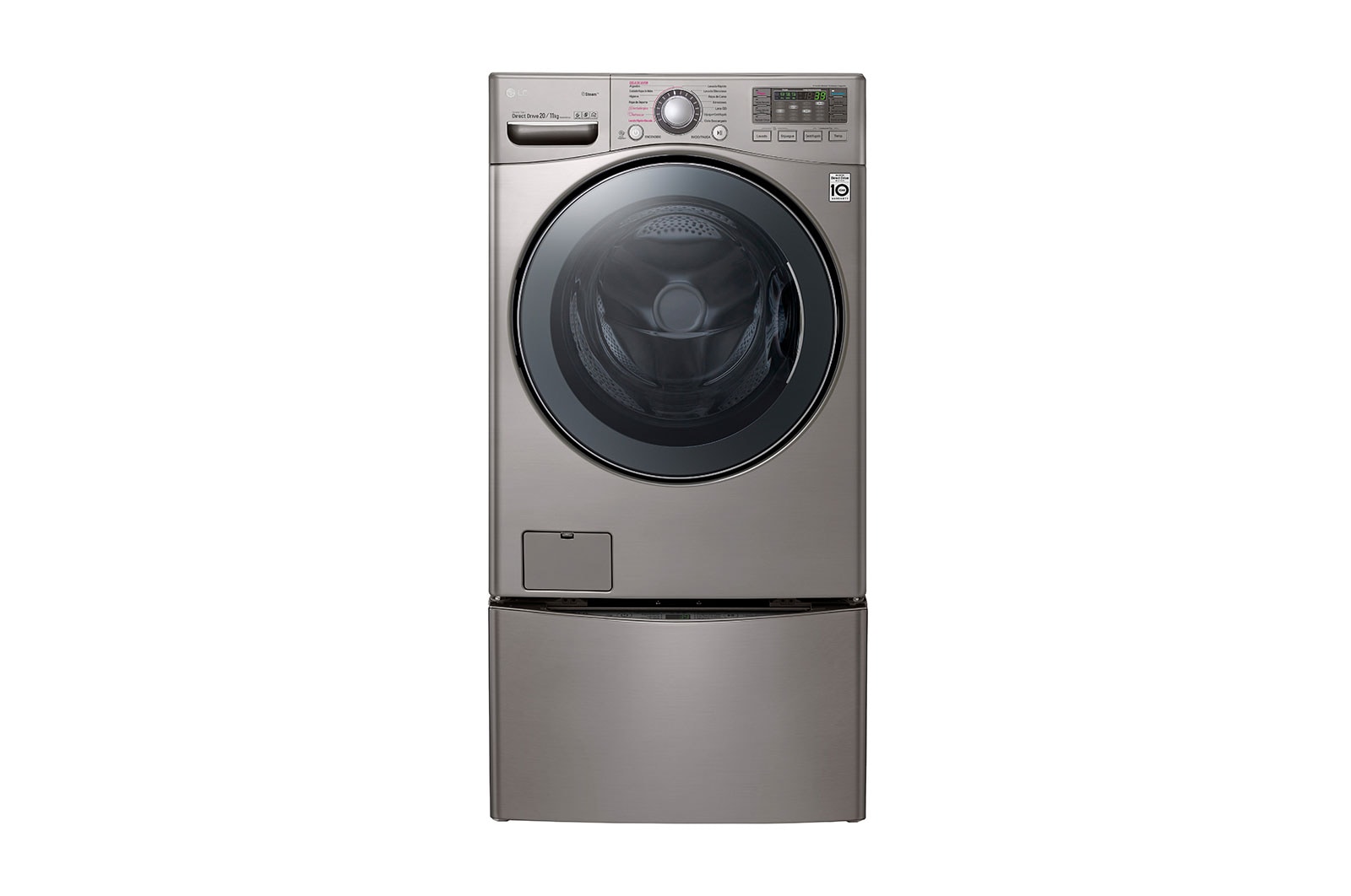 Vista frontal de LG TWINWash™ Lavadora (22Kg) Secadora (11Kg) con Motor Inverter Direct Drive y Mini Lavadora (3,5Kg) con Motor Slim Inverter Direct Drive. WD22VVS6TW