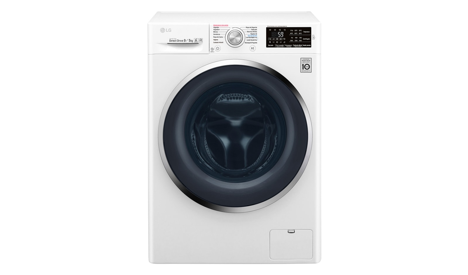 Vista frontal de Lavadora – Secadora Carga Frontal con Motor Inverter Direct Drive y Capacidad Total de 9 kilos de lavado y 5 kilos de secado WD9WB6