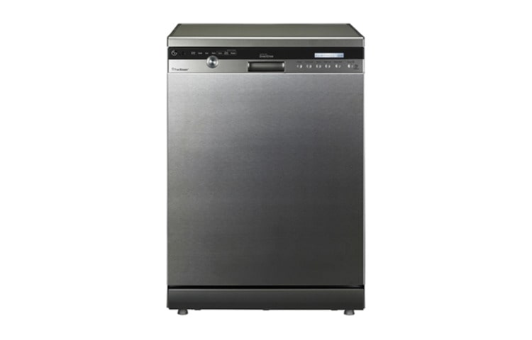Vista frontal de El nuevo Lavavajilla con Vapor de LG le permitirá decirle Adiós al Pre-Lavado. Gracias a su programa a Vapor, removerá hasta la mancha más dificil sin dañar ni rayar la loza más delicada. D1455TF