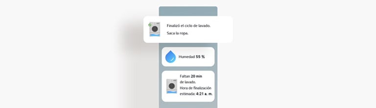 La imagen muestra las actualizaciones de estado de la lavadora en la pantalla de la aplicación LG ThinQ.