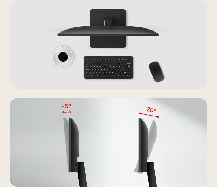 Vista superior de un espacio de trabajo minimalista con un monitor, un teclado, un ratón y una taza de café a la izquierda, y vista lateral del mismo monitor a la derecha, que muestra su rango de ajuste de inclinación de -5° a 20°.