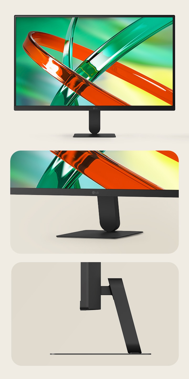 Las características destacadas del monitor LG muestran el monitor desde una perspectiva frontal y lateral, lo que ilustra su altura ajustable y su diseño minimalista, ideal para los espacios de trabajo modernos.