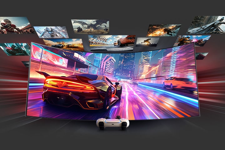 Un monitor de juegos curvo muestra un juego de carreras con un supercoche rojo en una ciudad iluminada con neón. Otras escenas de juego flotan alrededor de la pantalla. Enfrente hay un mando de consola blanco que destaca el juego de consola.