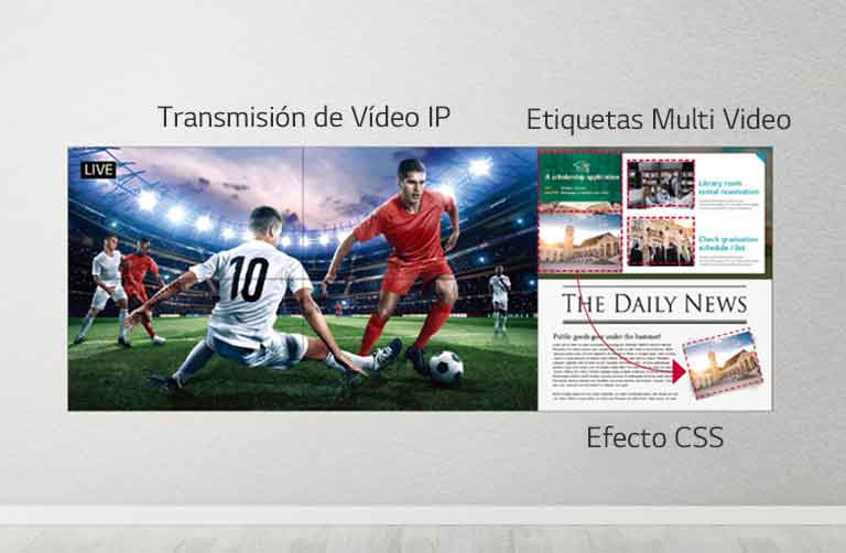 Un lado de la pared de video está transmitiendo en vivo un partido de fútbol, mientras que el otro lado de la pantalla utiliza efectos CSS para agregar más contenido.