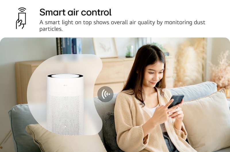 A woman sits on a couch, controlling the LG PuriCare air purifier using the LG ThinQ app on her smartphone. Text reads 'Smart air control: A smart light on top shows overall air quality by monitoring dust particles.'