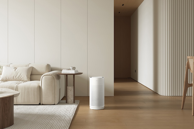 LG air purifier placed in a modern living room and minimalist furniture