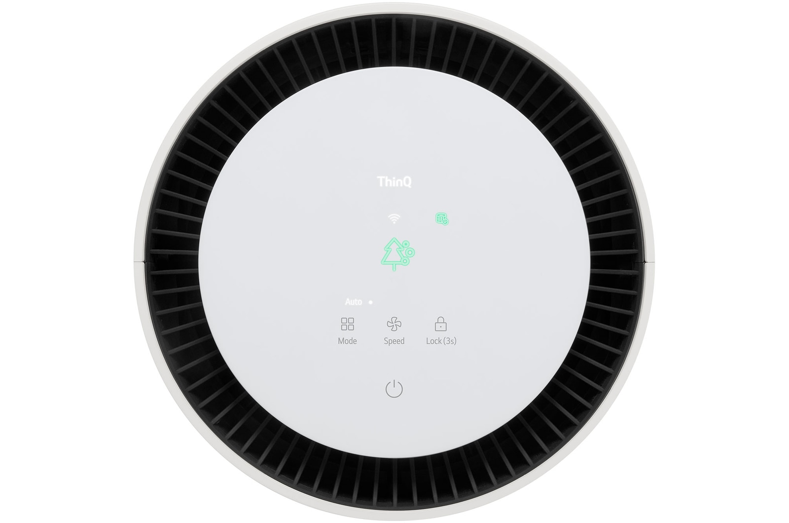 Close-up of the LG air purifier's top display with air quality indicator lights on