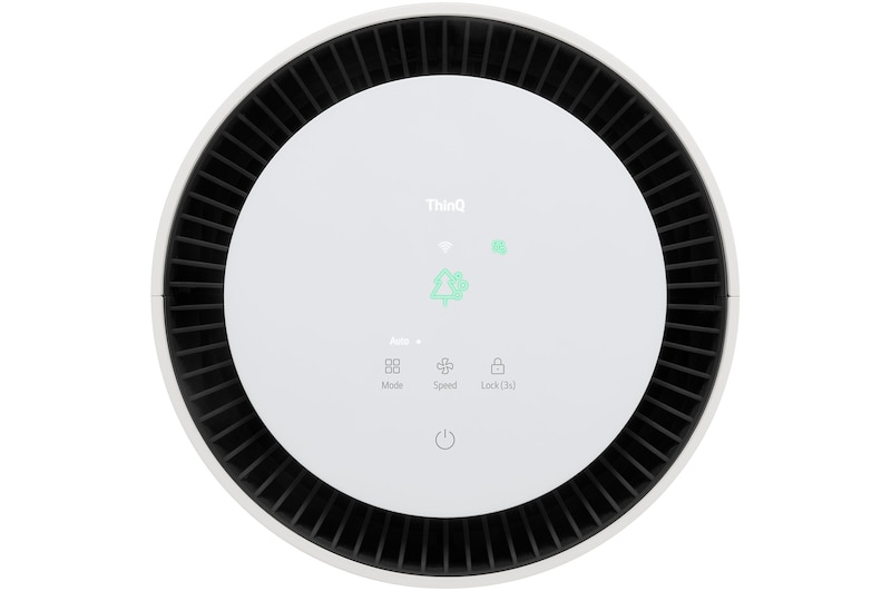 Close-up of the LG air purifier's top display with air quality indicator lights on