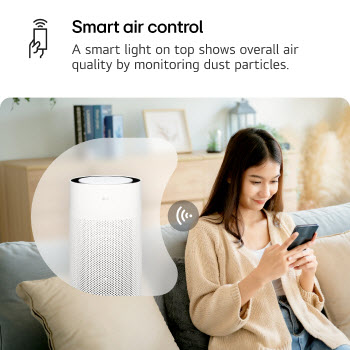 A woman sits on a couch, controlling the LG PuriCare air purifier using the LG ThinQ app on her smartphone. Text reads 'Smart air control: A smart light on top shows overall air quality by monitoring dust particles.'