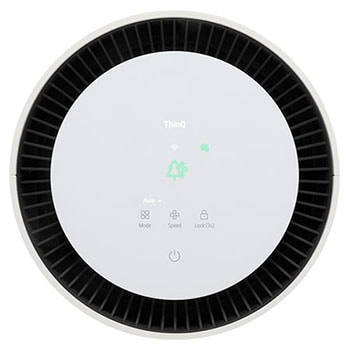 Close-up of the LG air purifier's top display with air quality indicator lights on